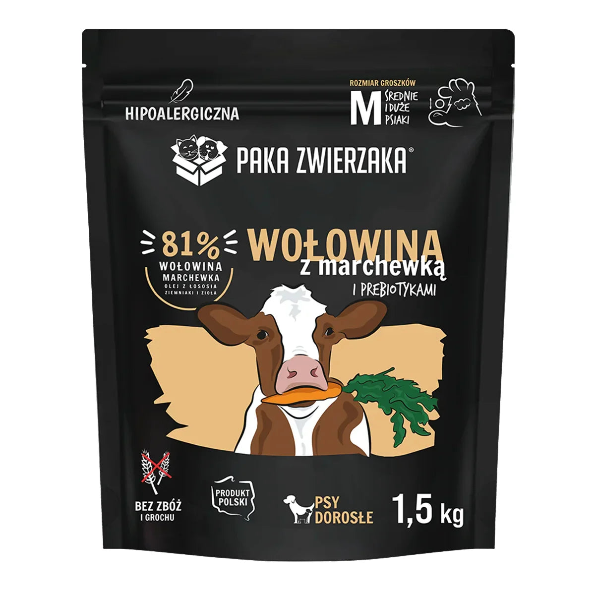 Karma sucha Wołowina z marchewką ''M'' 1.5kg Paka Zwierzaka