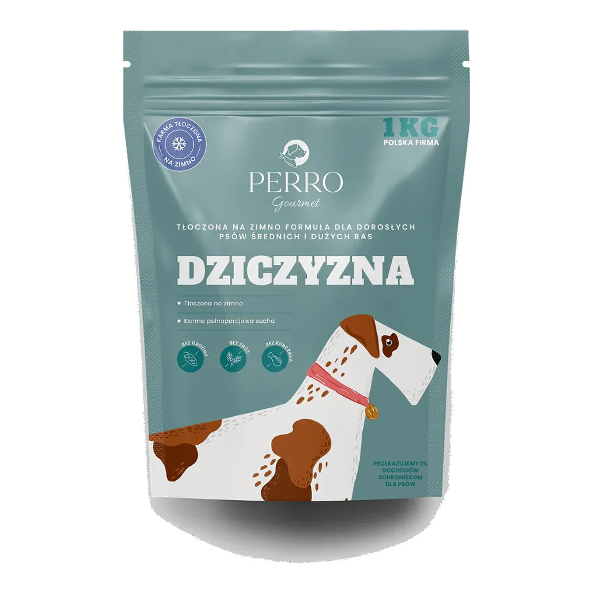 Karma tłoczona na zimno PERRO Gourmet Dziczyzna – formuła dla psów dorosłych średnich i dużych ras 1kg – packshot produktu na białym tle