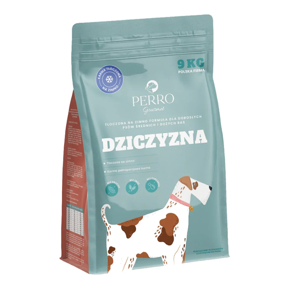 Karma tłoczona na zimno PERRO Gourmet Dziczyzna – formuła dla psów dorosłych średnich i dużych ras 9kg – packshot produktu na białym tle