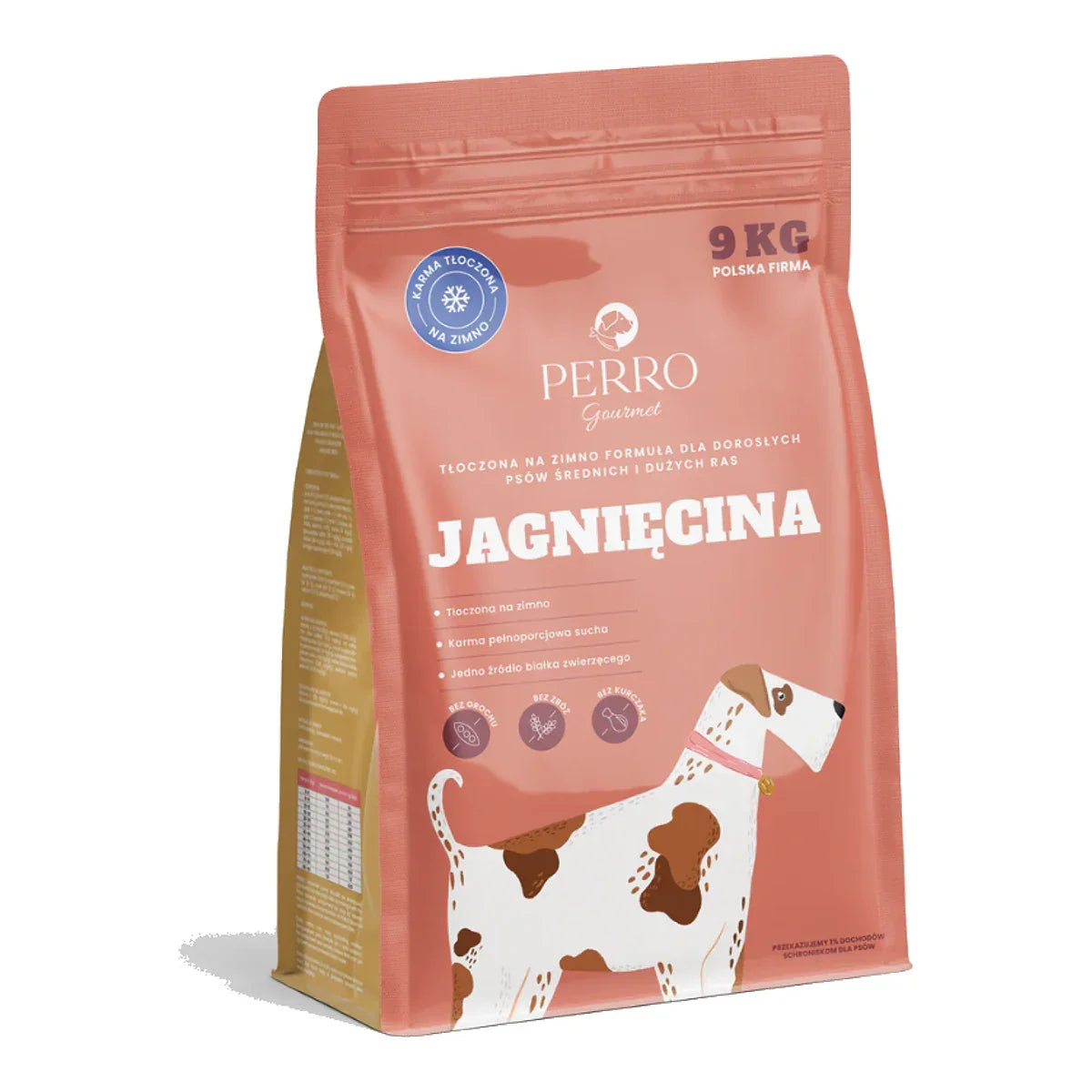 Karma tłoczona na zimno PERRO Gourmet Jagnięcina – formuła dla psów dorosłych średnich i dużych ras 9kg – packshot produktu na białym tle
