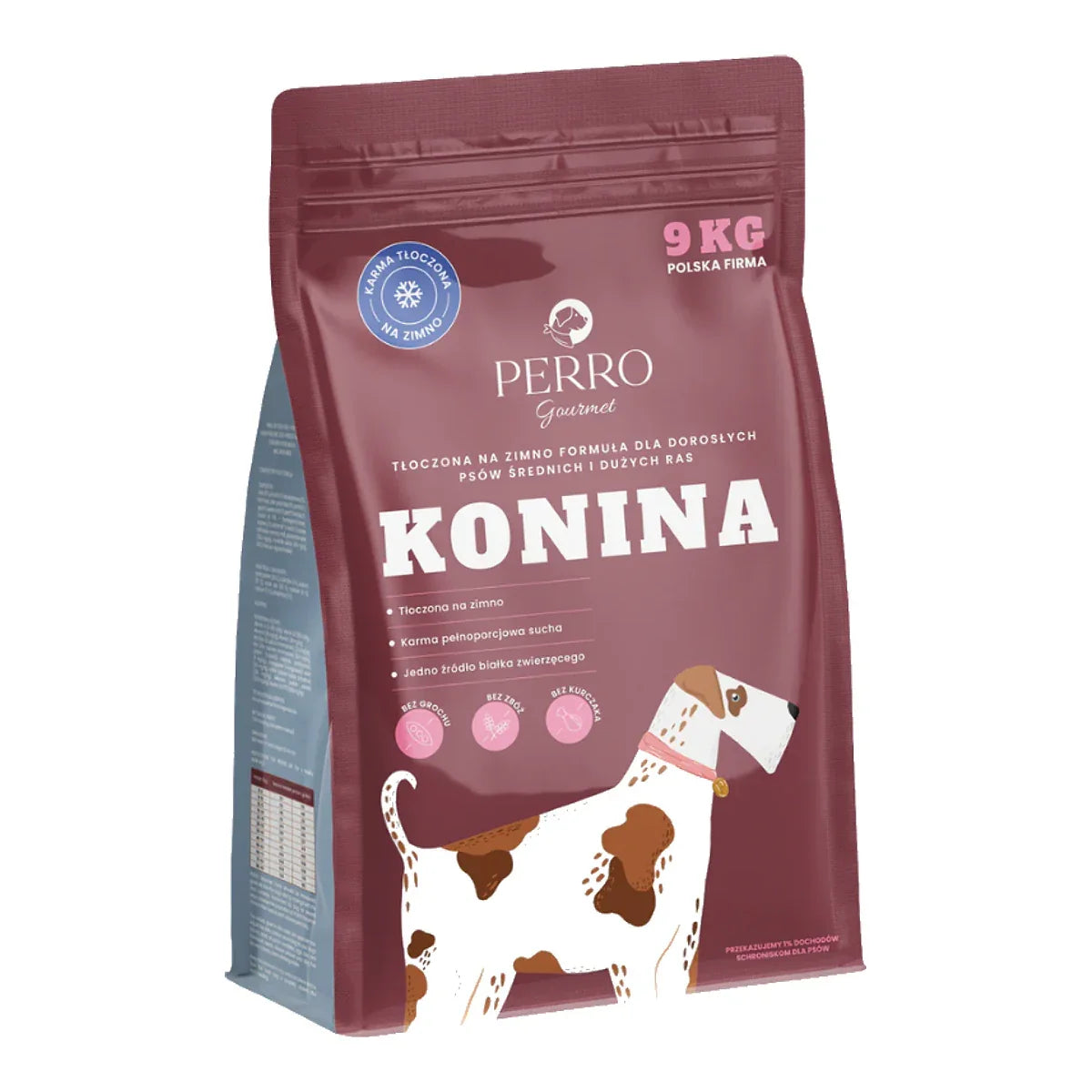 Karma tłoczona na zimno PERRO Gourmet Konina – formuła dla psów dorosłych średnich i dużych ras 9kg – packshot produktu na białym tle