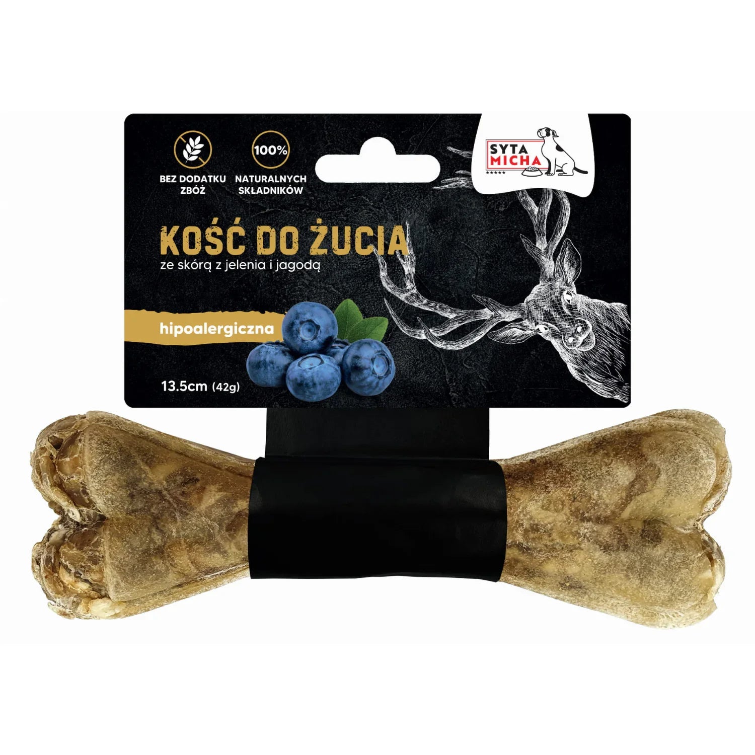 Kość do żucia dla psa hipoalergiczna jeleń z jagodami 13,5cm Syta Micha