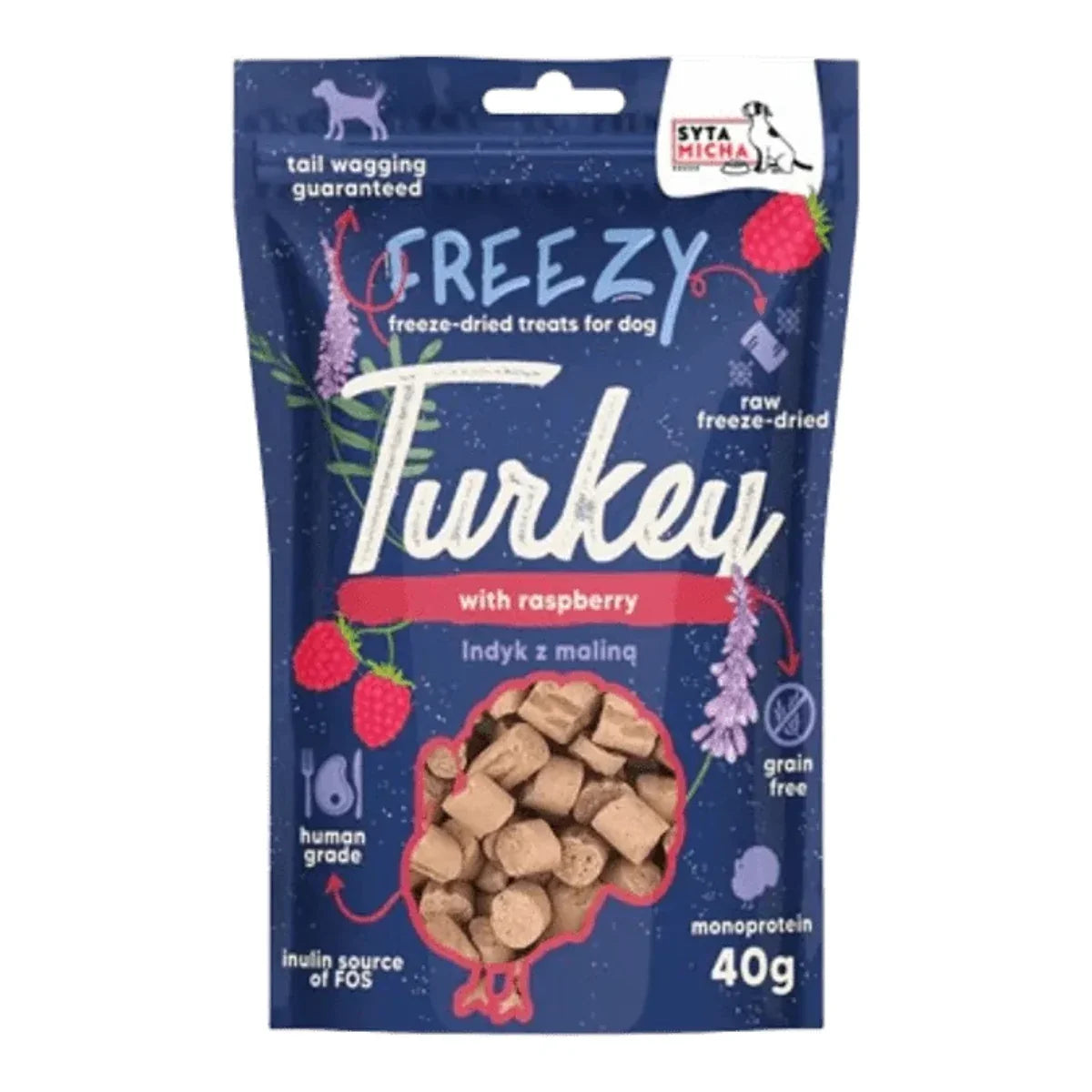 Liofilizowane przysmaki dla psa Indyk z malinami FREEZY 40g – packshot produktu na białym tle