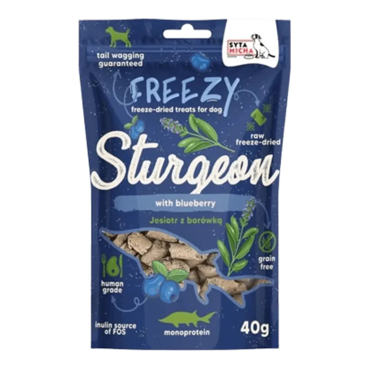 Liofilizowane przysmaki dla psa Jesiotr z borówką FREEZY 40g – packshot produktu na białym tle