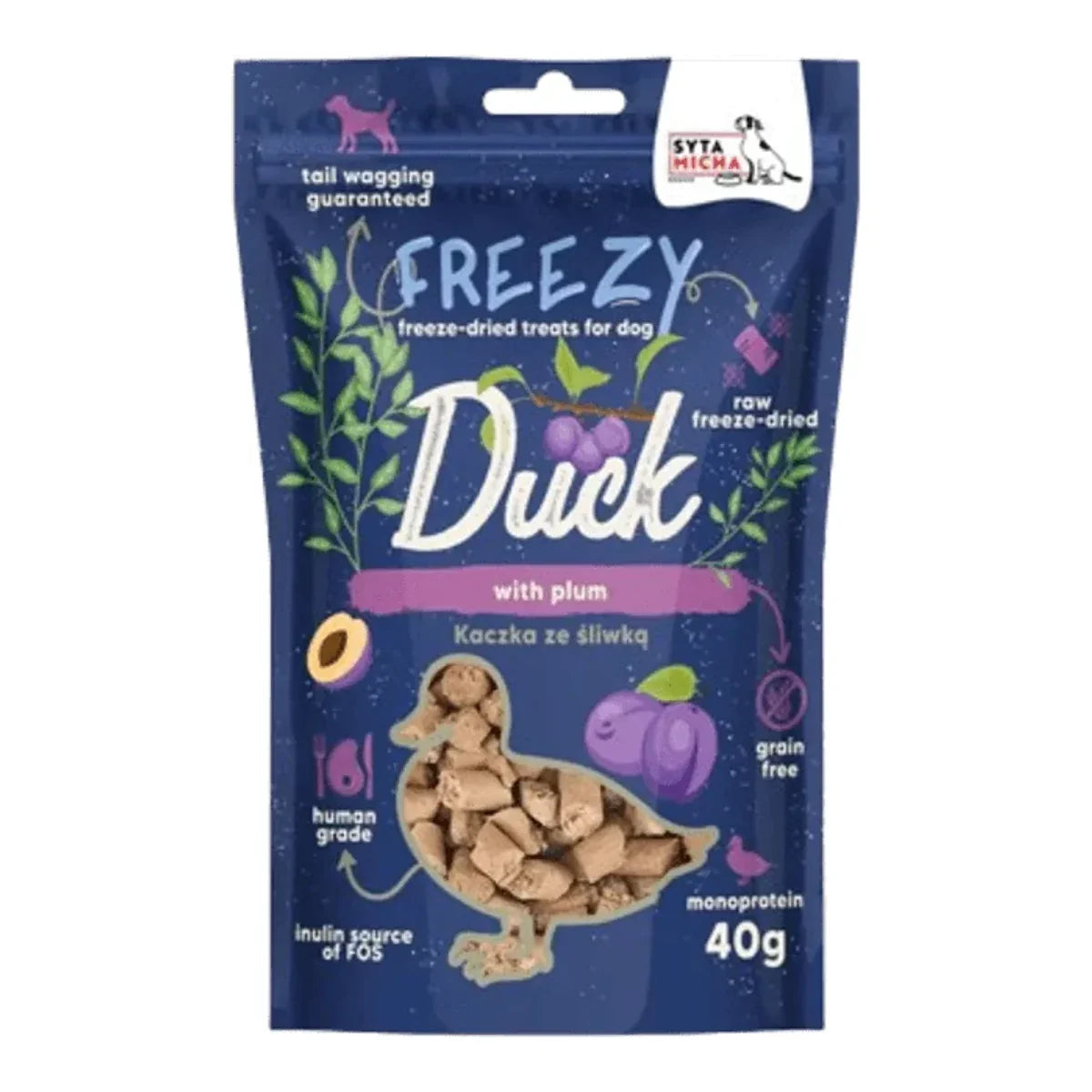 Liofilizowane przysmaki dla psa Kaczka ze śliwką FREEZY 40g – packshot produktu na białym tle