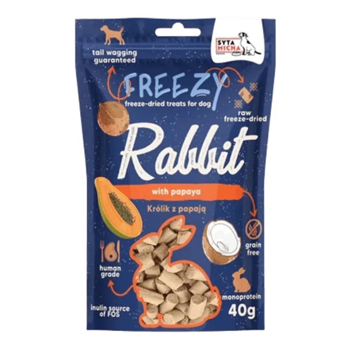 Liofilizowane przysmaki dla psa Królik z papają FREEZY 40g – packshot produktu na białym tle