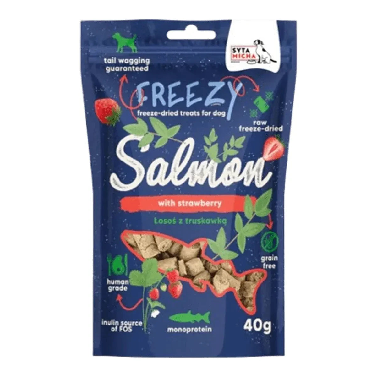 Liofilizowane przysmaki dla psa Łosoś z truskawką FREEZY 40g – packshot produktu na białym tle