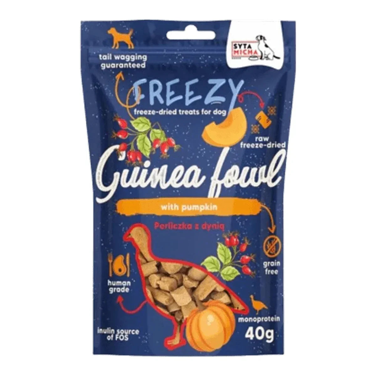Liofilizowane przysmaki dla psa Perliczka z dynią FREEZY 40g – packshot produktu na białym tle