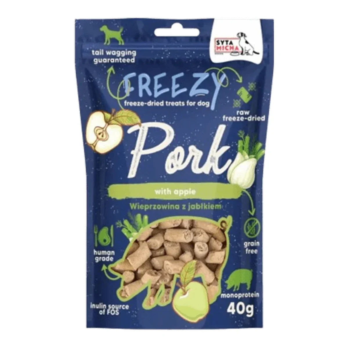 Liofilizowane przysmaki dla psa Wieprzowina z jabłkiem FREEZY 40g – packshot produktu na białym tle