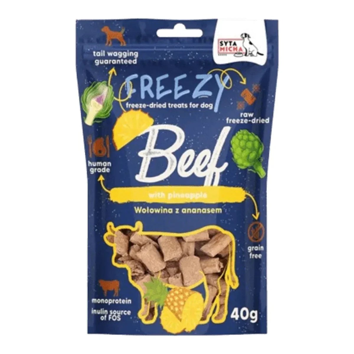 Liofilizowane przysmaki dla psa Wołowina z ananasem FREEZY 40g – packshot produktu na białym tle