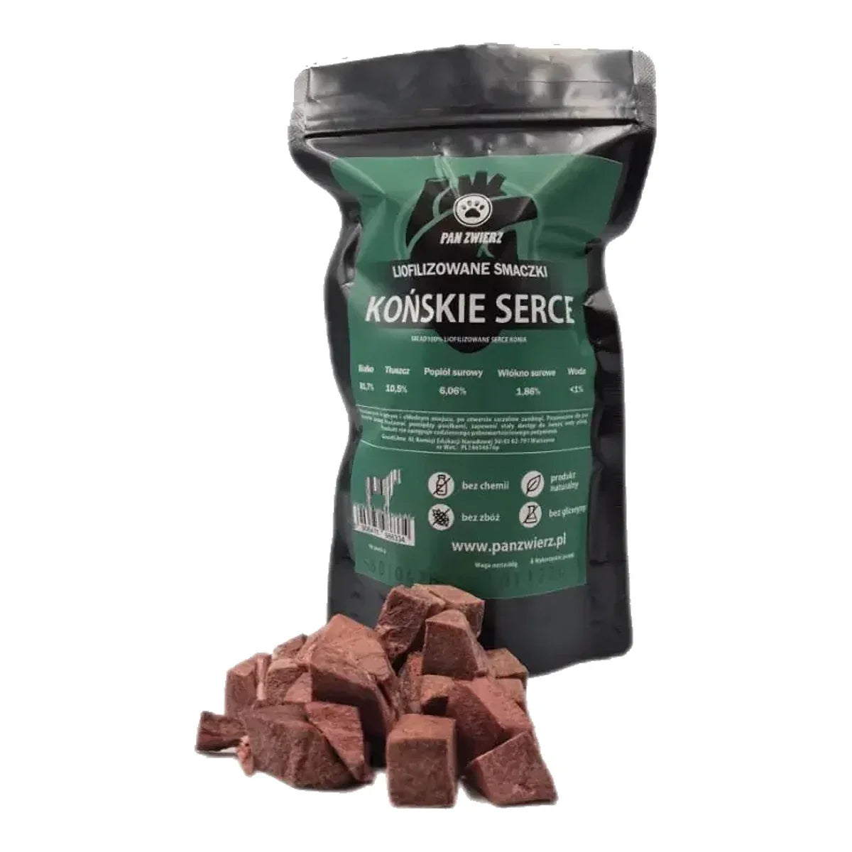 Liofilizowane smaczki z końskich serc 70 g. – packshot produktu na białym tle