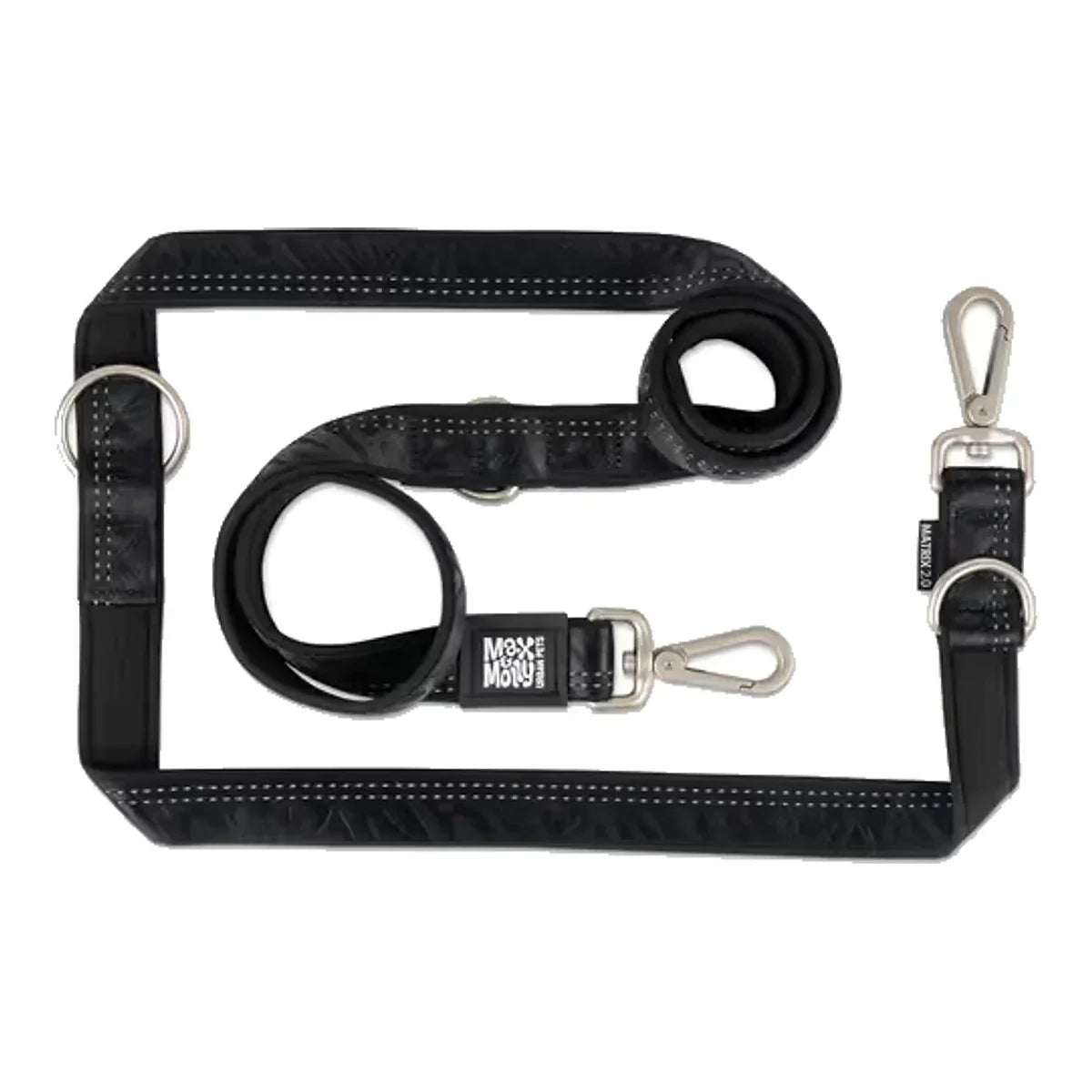 Max&Molly Multi Function Leash Matrix 2.0 Black - przepinana smycz dla psa, odblaskowa, czarna – packshot produktu na białym tle