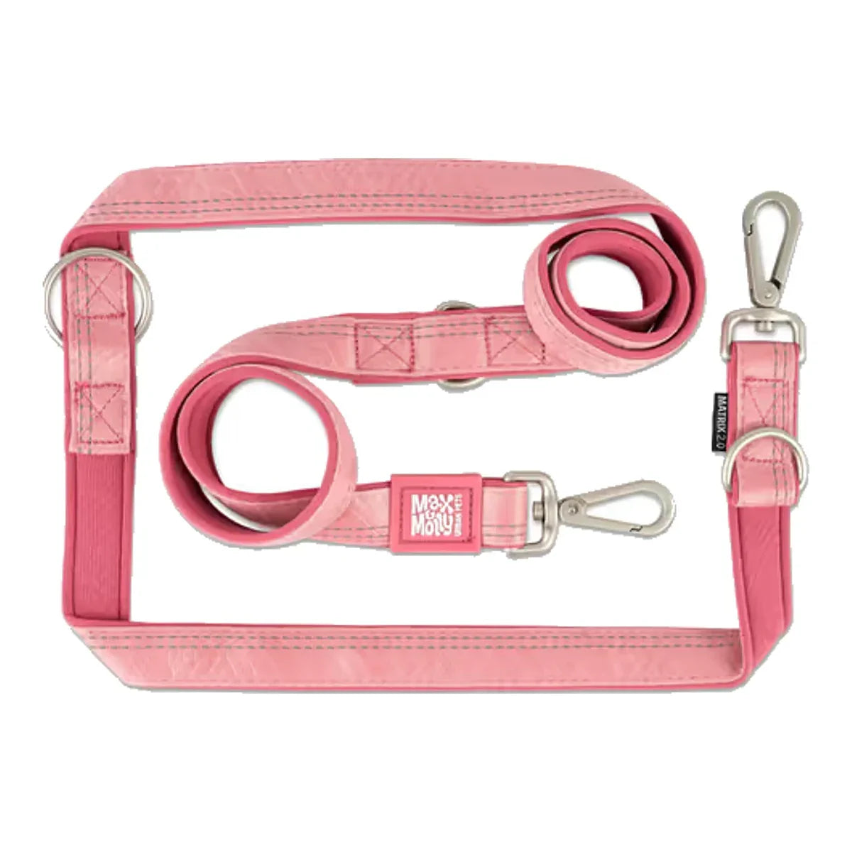 Max&Molly Multi Function Leash Matrix 2.0 Rose - przepinana smycz dla psa, odblaskowa, pastelowy różowy – packshot produktu na białym tle