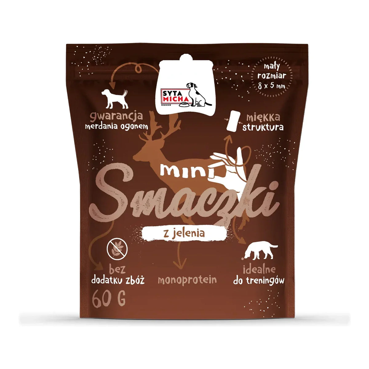 MINI Smaczki z jelenia 60g – packshot produktu na białym tle