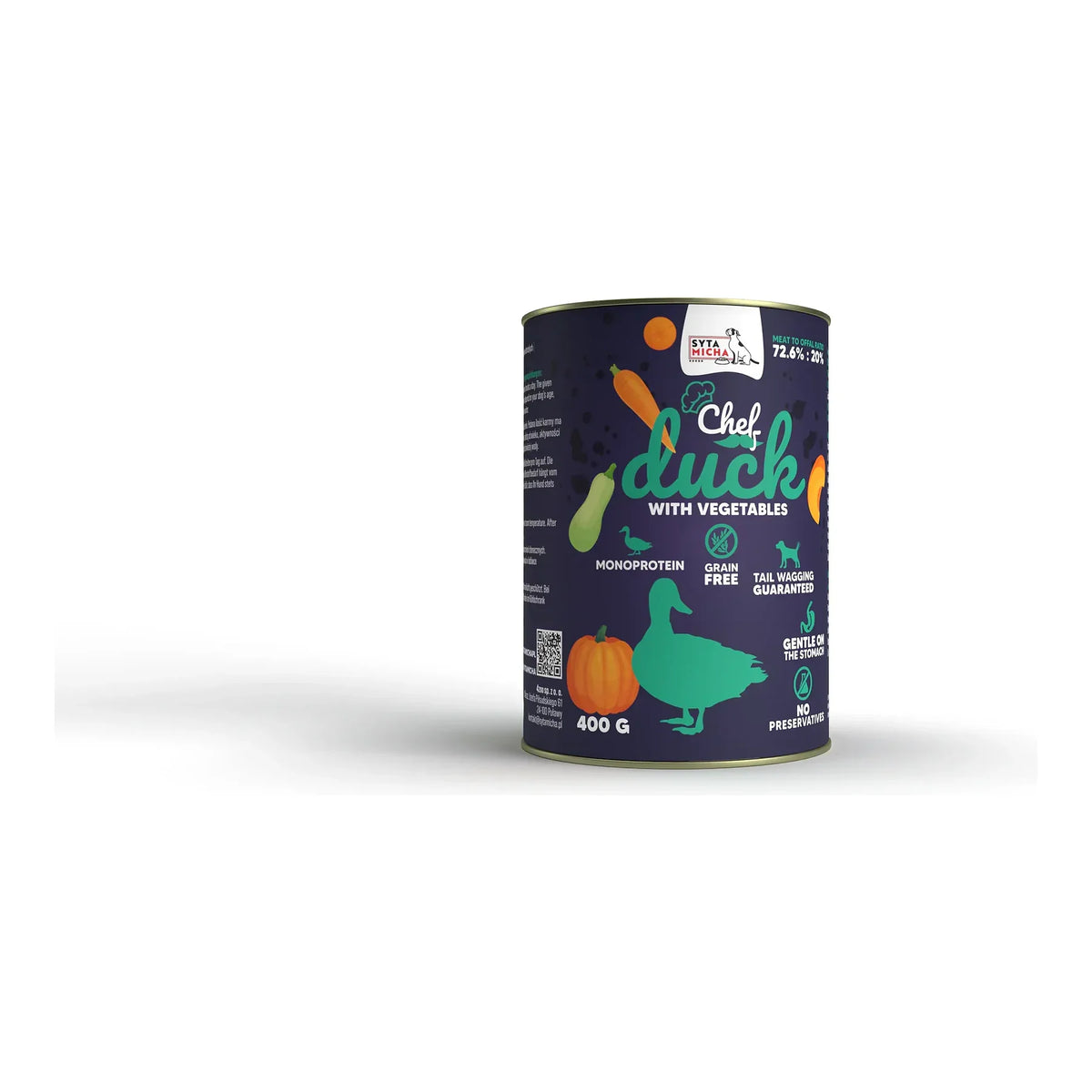Mokra karma dla psa Kaczka z warzywami 400g – packshot produktu na białym tle