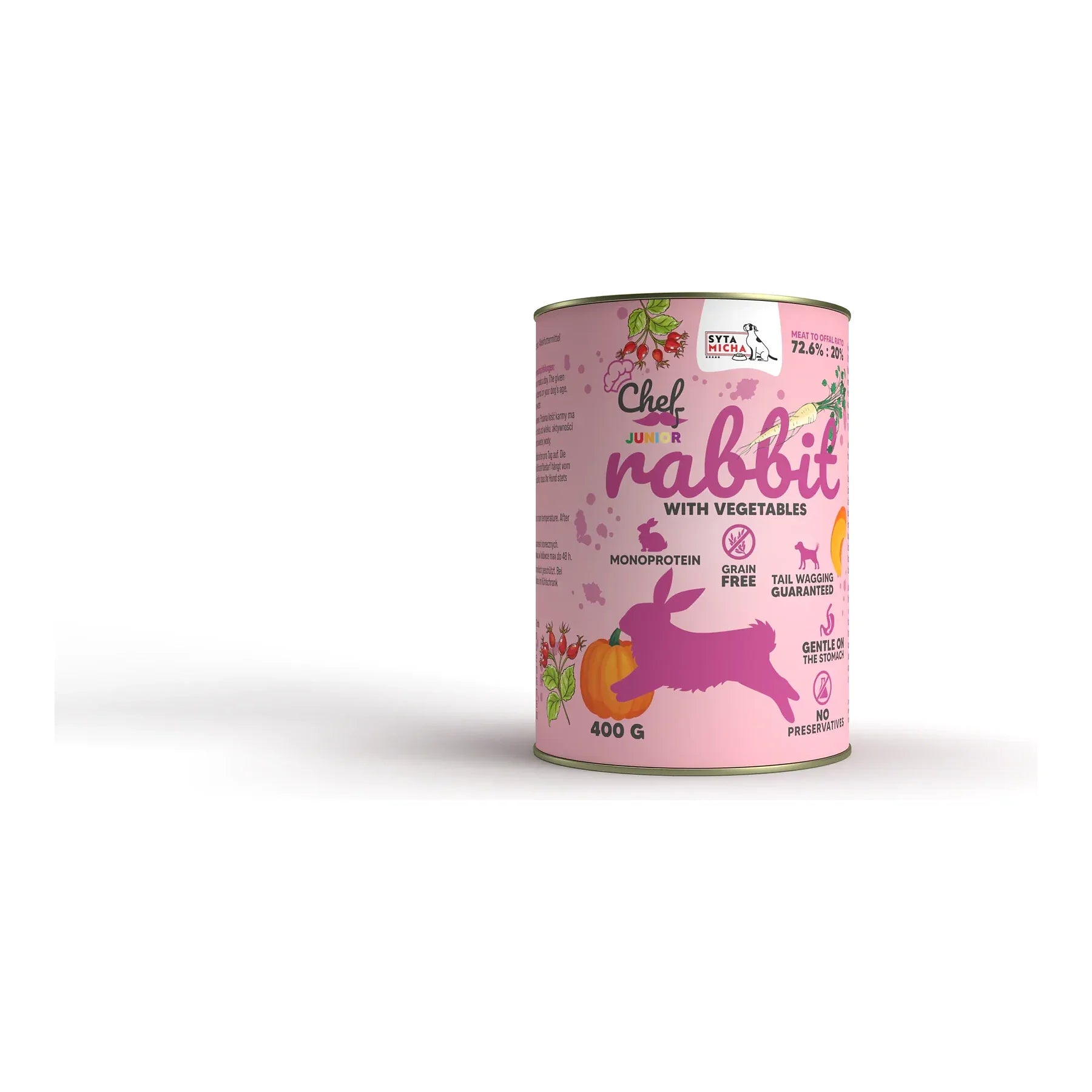 Mokra karma dla psa Królik z warzywami JUNIOR 400g – packshot produktu na białym tle