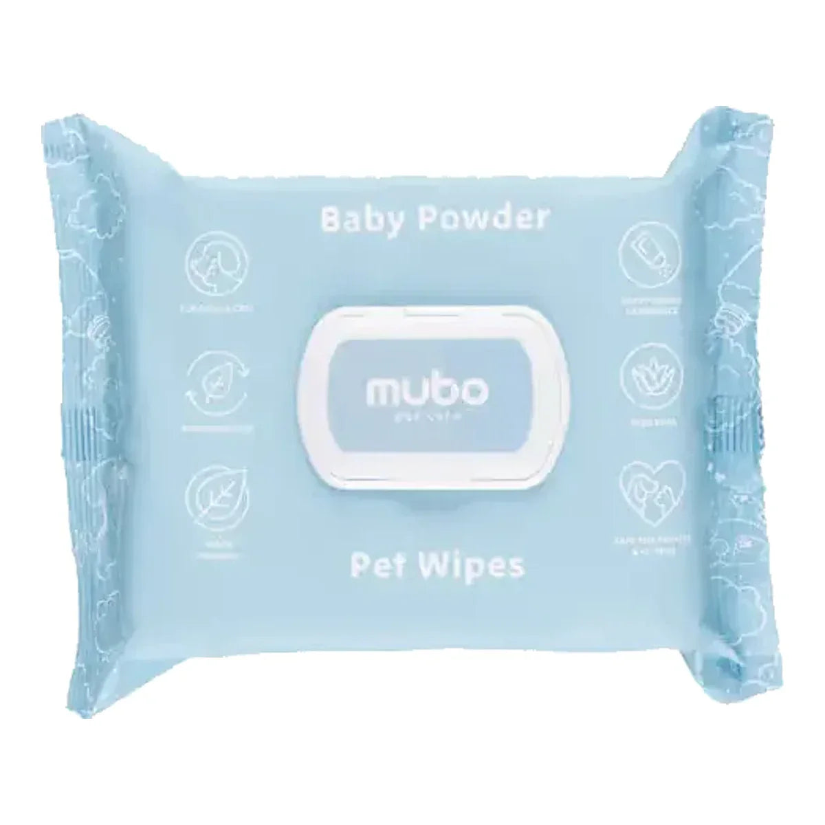 Mubo Baby Powder Pet Wipes 100szt. - delikatne chusteczki z aloesem dla psa i kota, o zapachu dziecięcego pudru 15x30cm – packshot produktu na białym tle