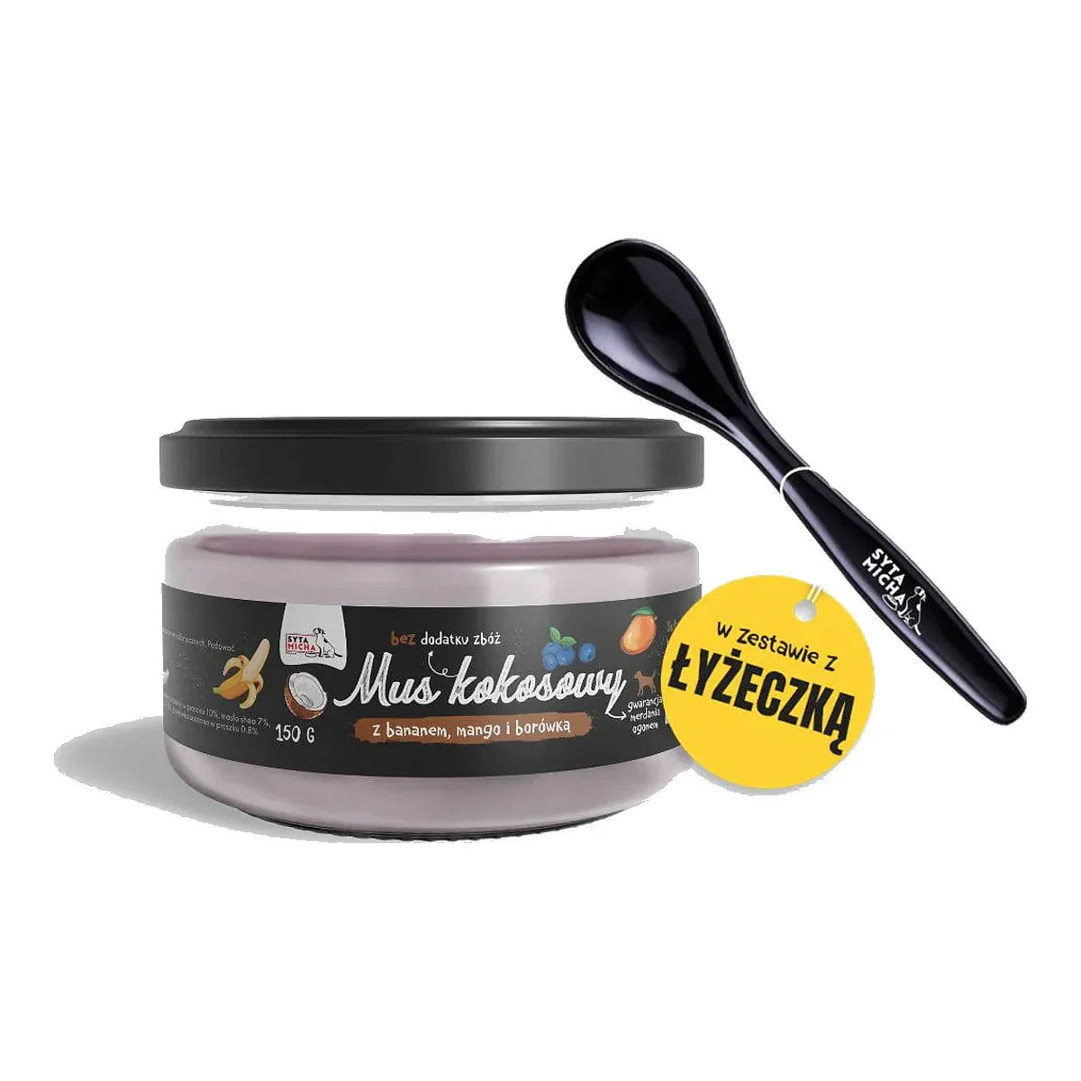 Mus kokosowy dla psa z bananem, mango i borówką 150g – packshot produktu na białym tle