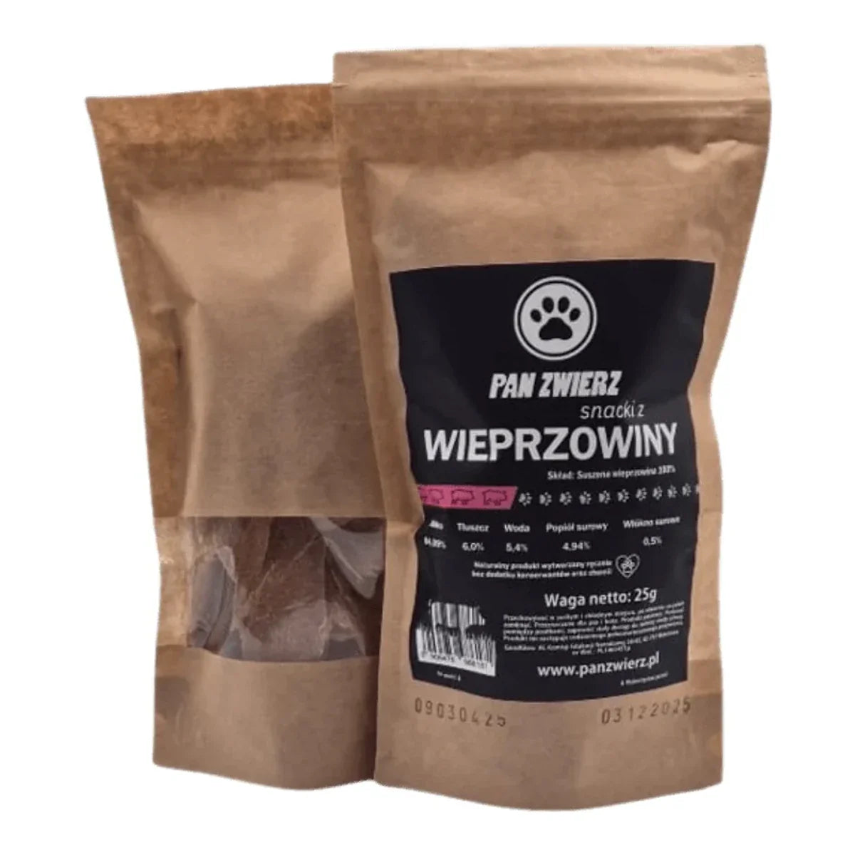 Naturalne smaczki z wieprzowiny 25g – packshot produktu na białym tle
