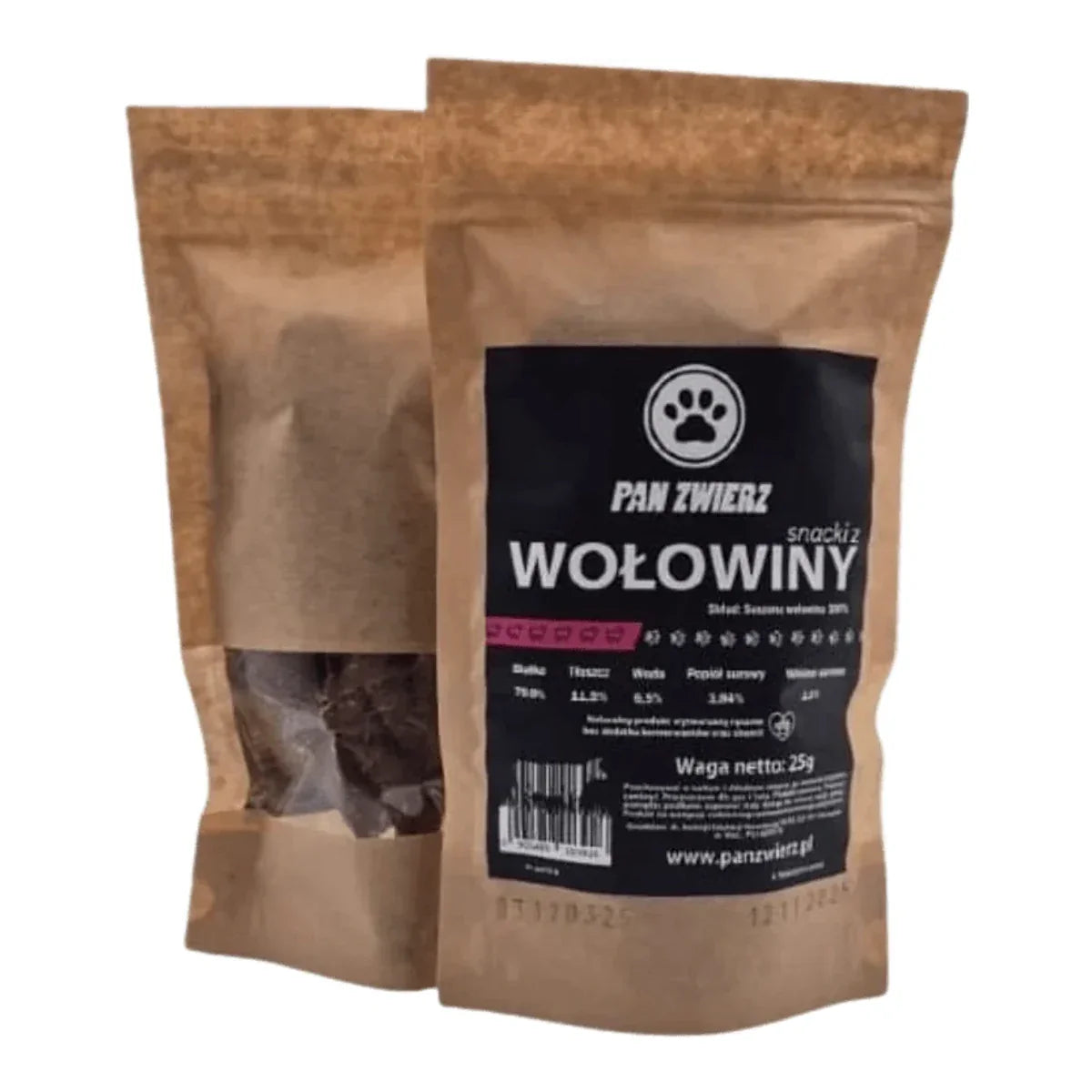 Naturalne smaczki z wołowiny 25g – packshot produktu na białym tle
