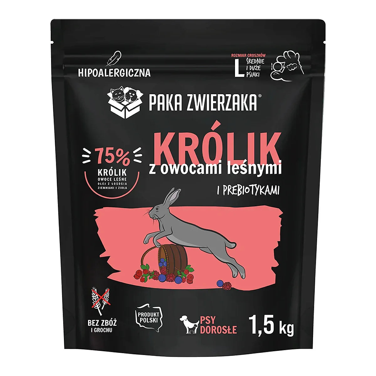 PAKA ZWIERZAKA Mono Królik z owocami leśnymi L - sucha karma dla psa - 1,5kg – packshot produktu na białym tle