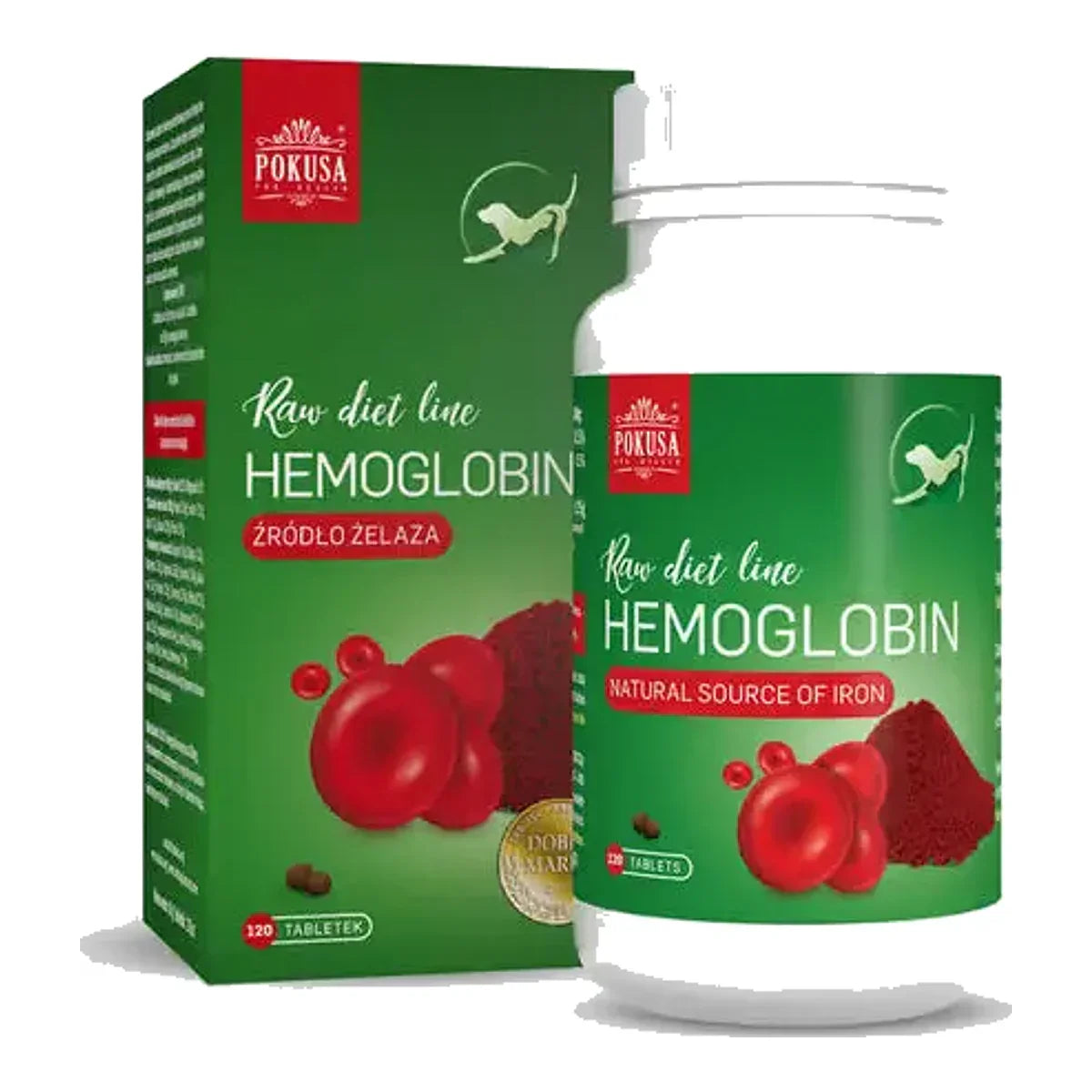 Pokusa RawDietLine Hemoglobin 120tbl. - preparat uzupełniający niedobory żelaza u psów i kotów – packshot produktu na białym tle