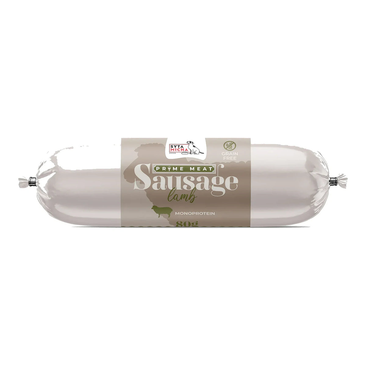 Syta Micha Prime Meat – kiełbaska treningowa z jagnięciną 80 g – packshot produktu na białym tle