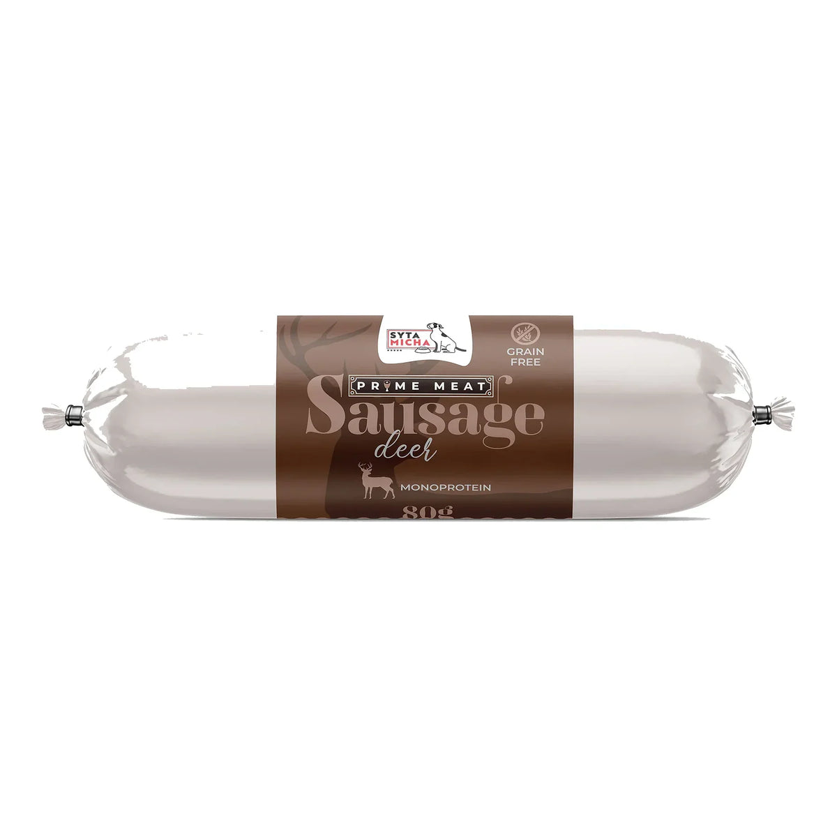 Syta Micha Prime Meat – kiełbaska treningowa z jeleniem 80 g – packshot produktu na białym tle
