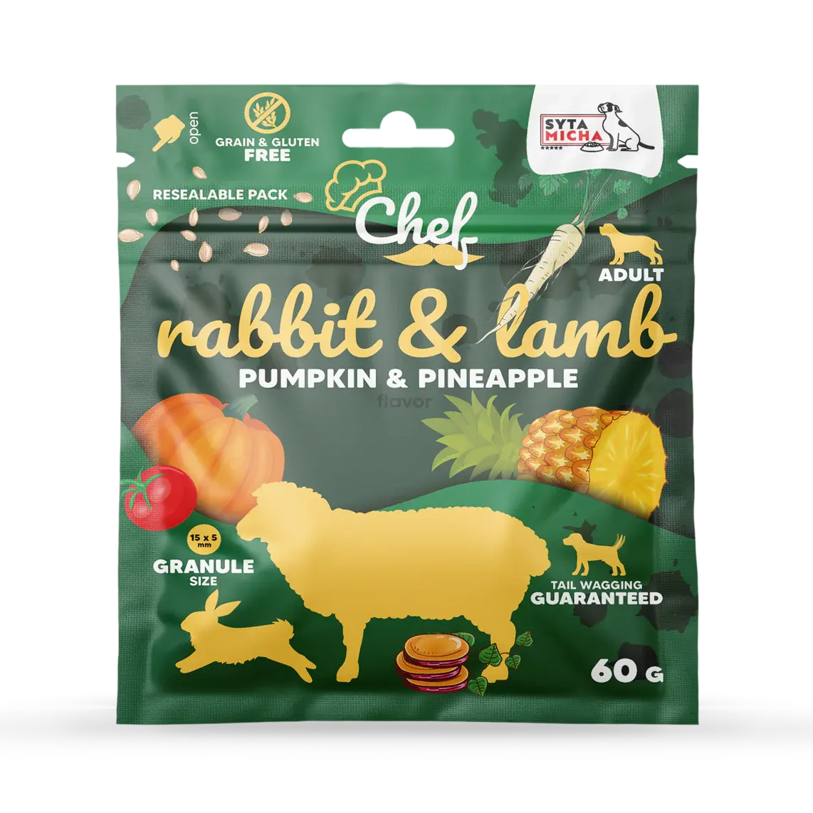 Sucha karma dla psa Królik i jagnięcina, dynia i ananas 60g Syta Micha