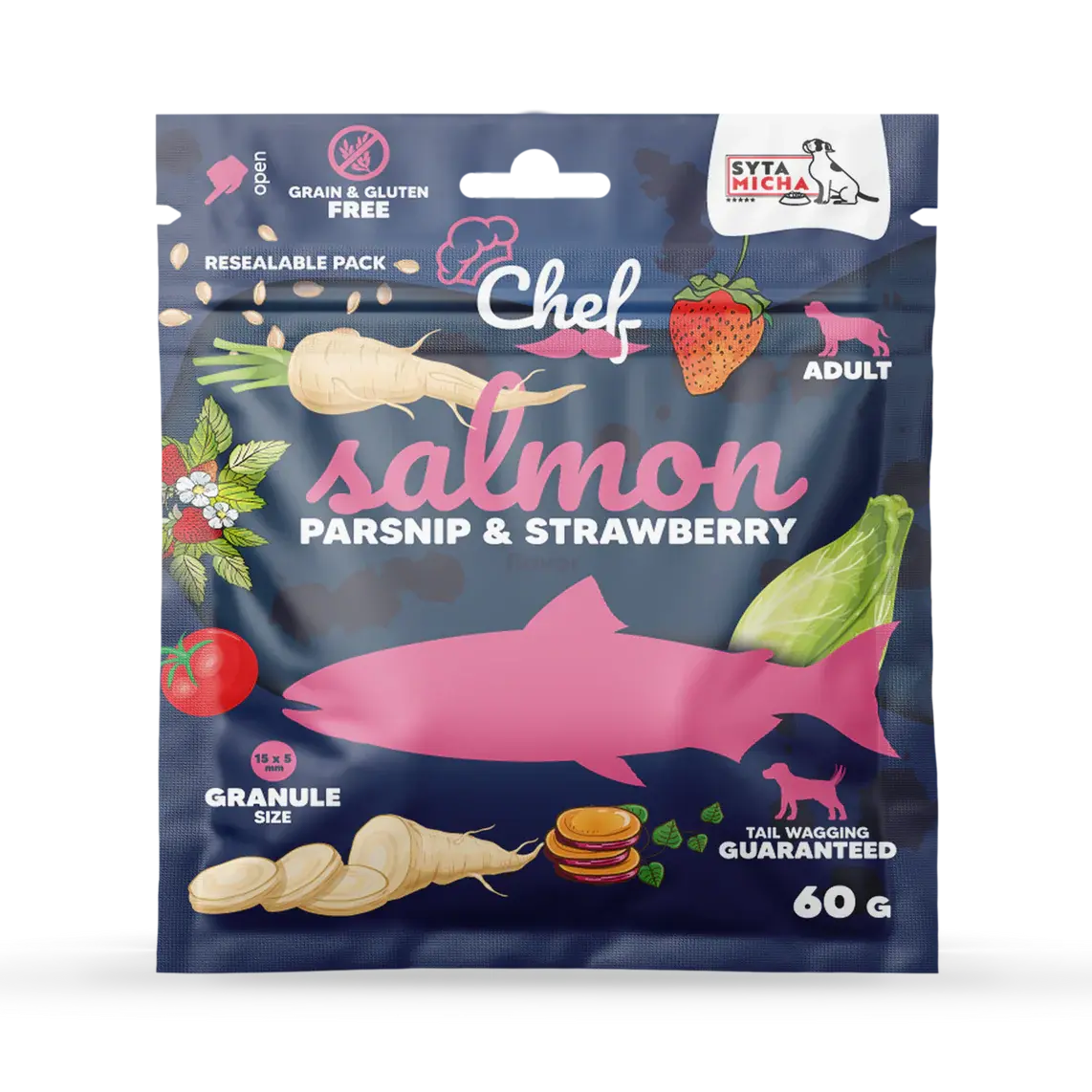 Sucha karma dla psa Łosoś, pasternak i truskawka 60g Syta Micha