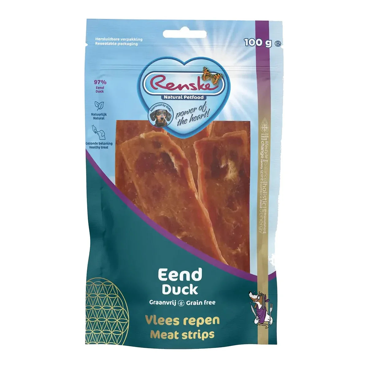 Renske healthy meat strips Duck - suszone płaty mięsa kaczki (100g) – packshot produktu na białym tle