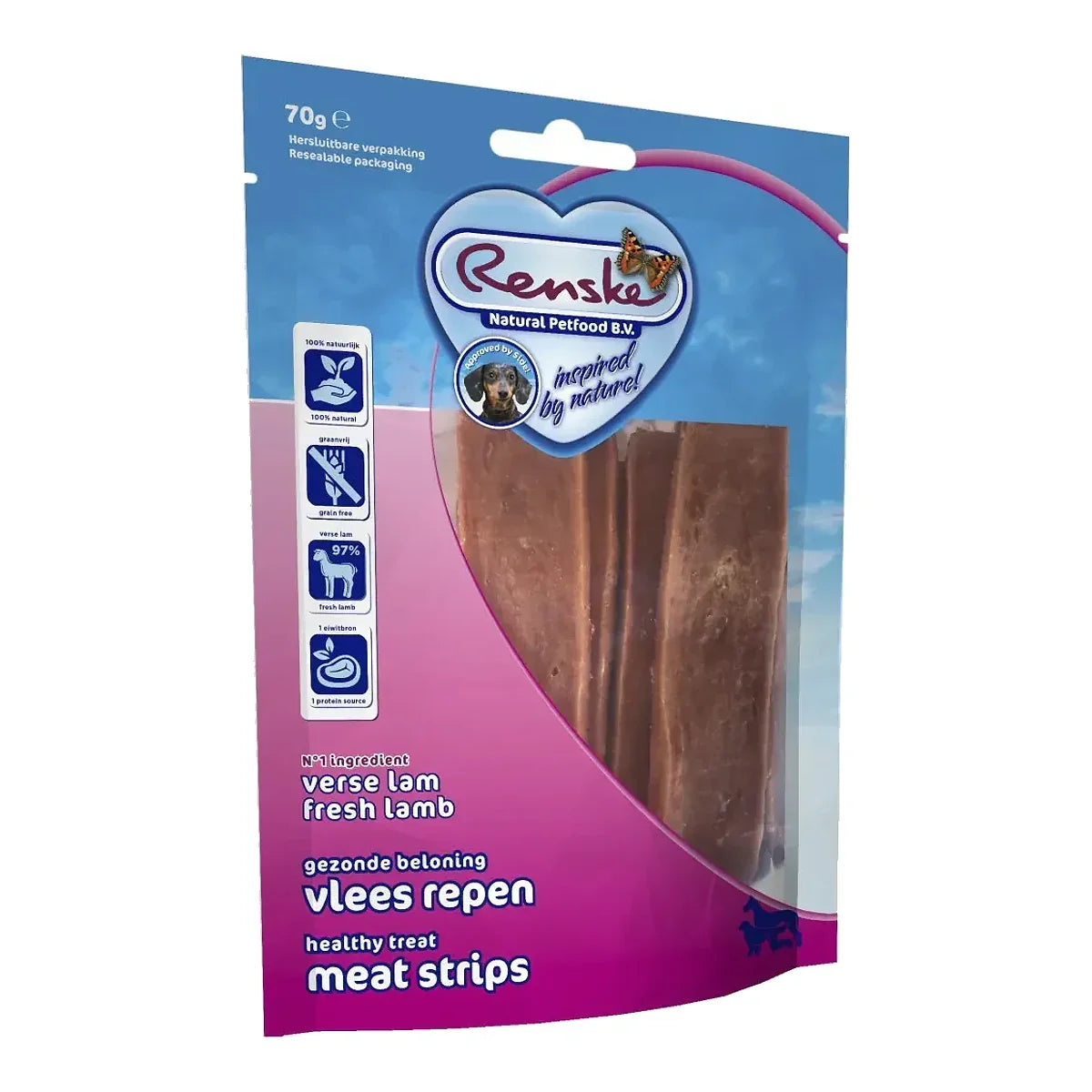 Renske healthy meat strips Lamb - suszone płaty mięsa jagnięcego (70 g) – packshot produktu na białym tle