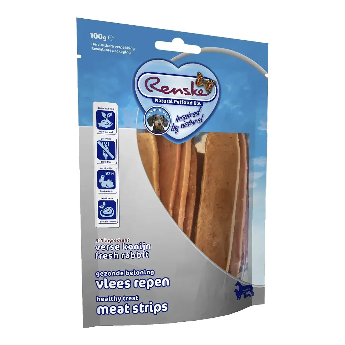 Renske healthy meat strips Rabbit - suszone płaty mięsa królika (100g) – packshot produktu na białym tle