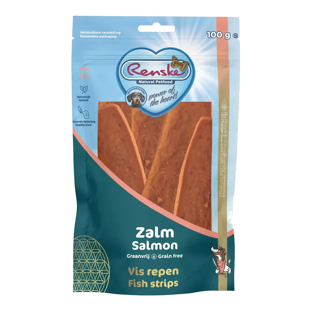 Renske healthy meat strips Salmon - suszone płaty mięsa łososia (100g) – packshot produktu na białym tle
