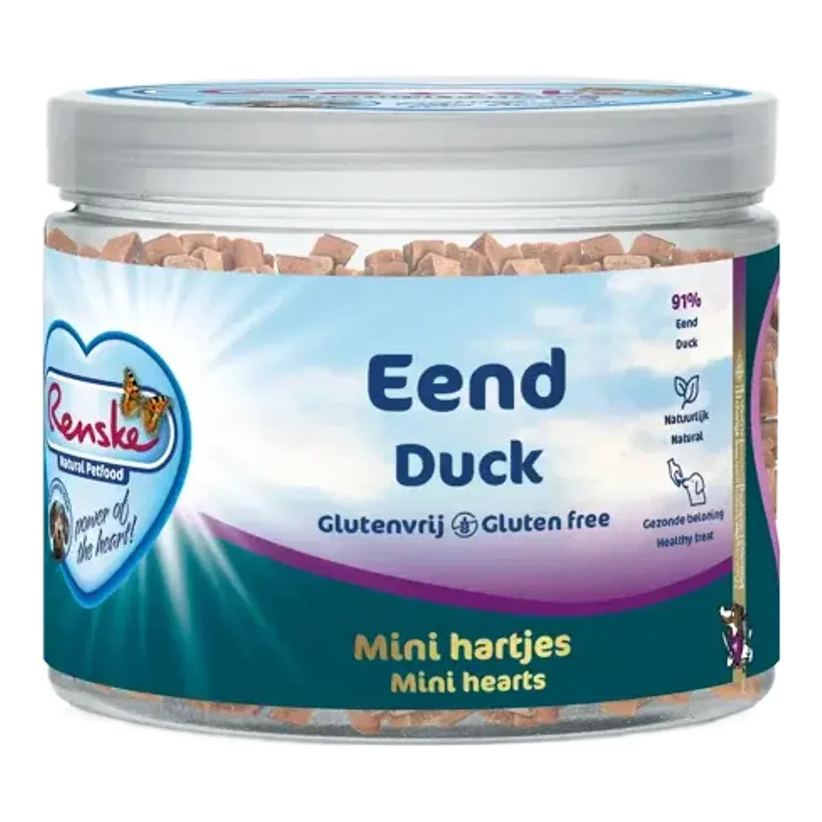 Renske zdrowe przysmaki Mini serduszka z kaczki 100g – packshot produktu na białym tle