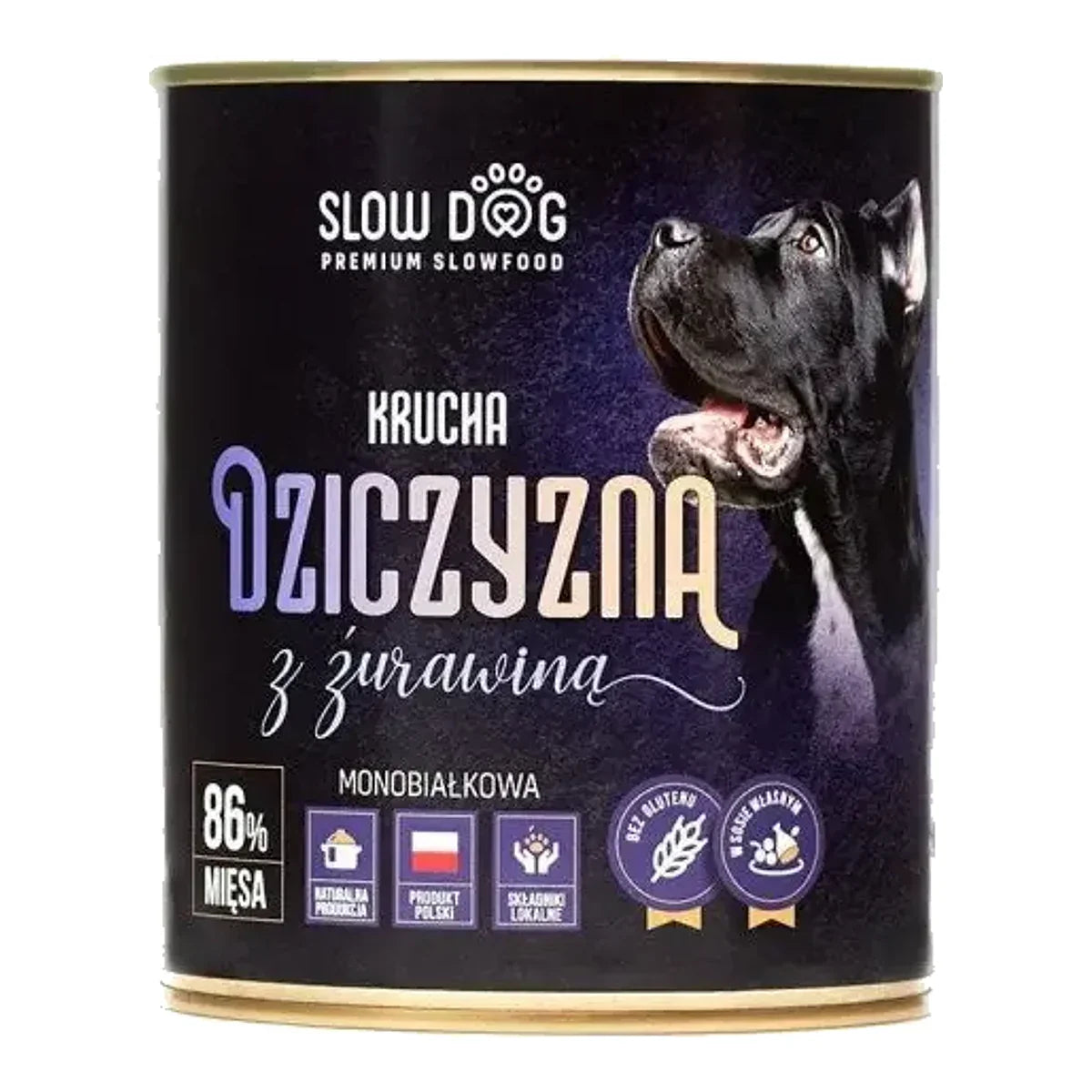 SLOW DOG Karma mokra Krucha dziczyzna z żurawiną 850g – packshot produktu na białym tle