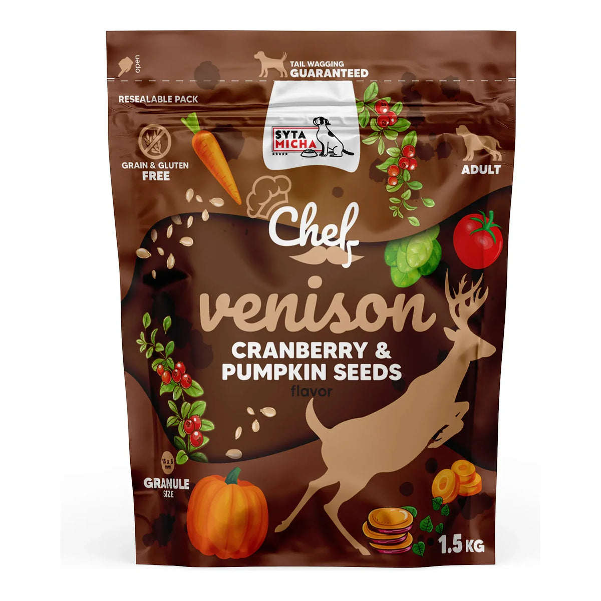 Sucha karma dla psa Dziczyzna, żurawina i pestki dyni 1.5kg – packshot produktu na białym tle