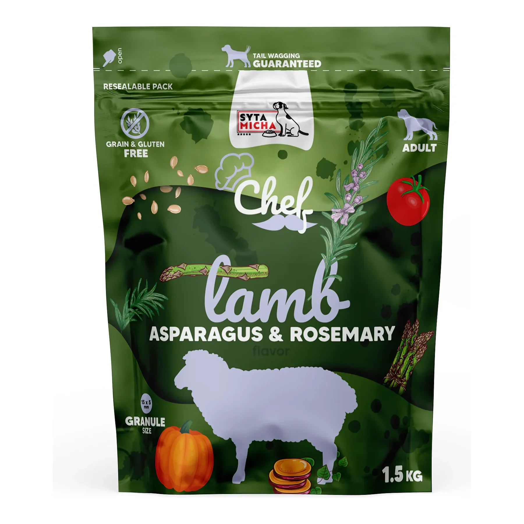 Sucha karma dla psa Jagnięcina, szparagi i rozmaryn 1.5kg – packshot produktu na białym tle
