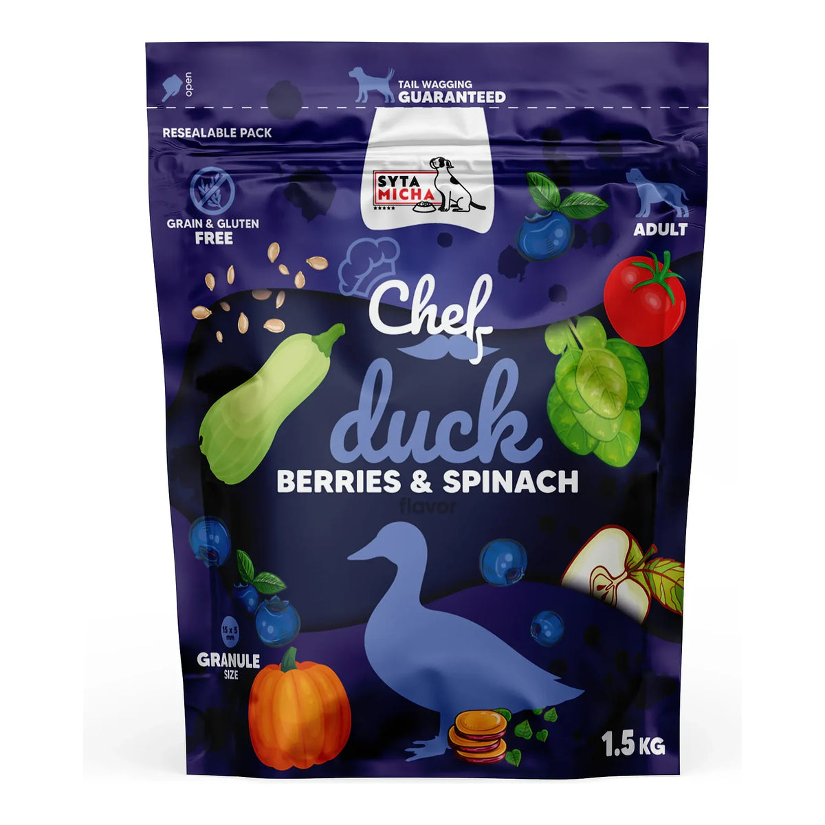Sucha karma dla psa Kaczka, jagody i szpinak 1.5kg – packshot produktu na białym tle