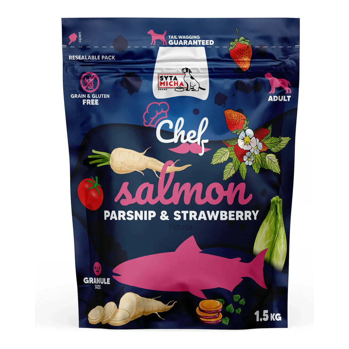 Sucha karma dla psa Łosoś, pasternak i truskawka 1.5kg – packshot produktu na białym tle