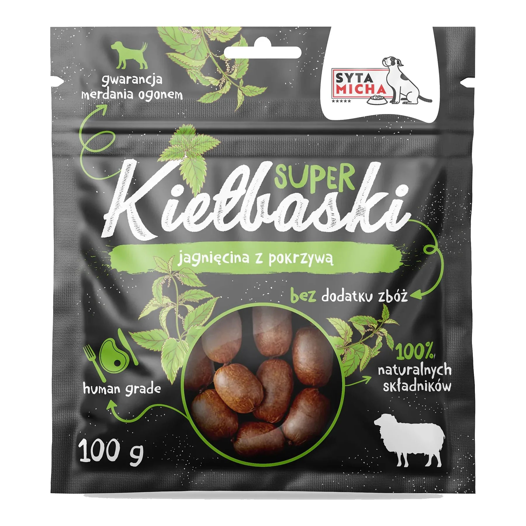 Super kiełbaski dla psa z jagnięciną i pokrzywą 100g – packshot produktu na białym tle
