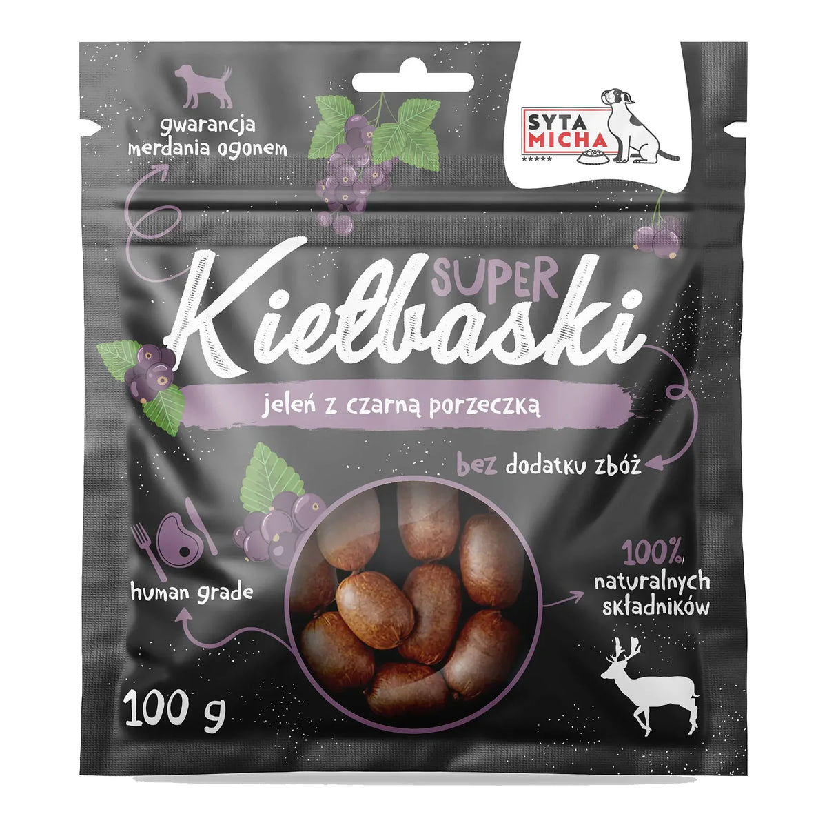 Super kiełbaski dla psa z jeleniem i czarną porzeczką 100g – packshot produktu na białym tle