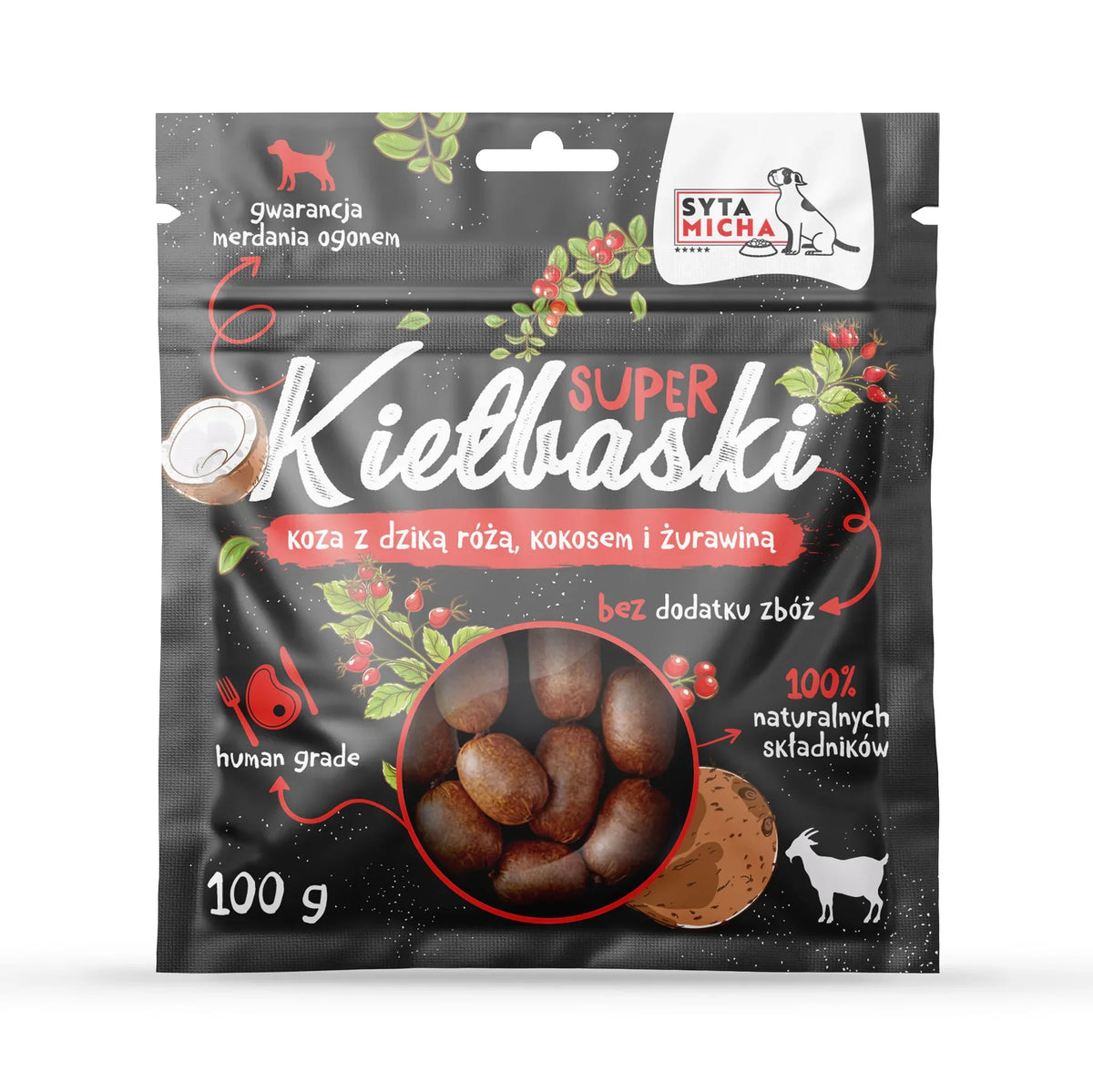 Super kiełbaski dla psa z kozą, dziką różą i kokosem 100g Syta Micha