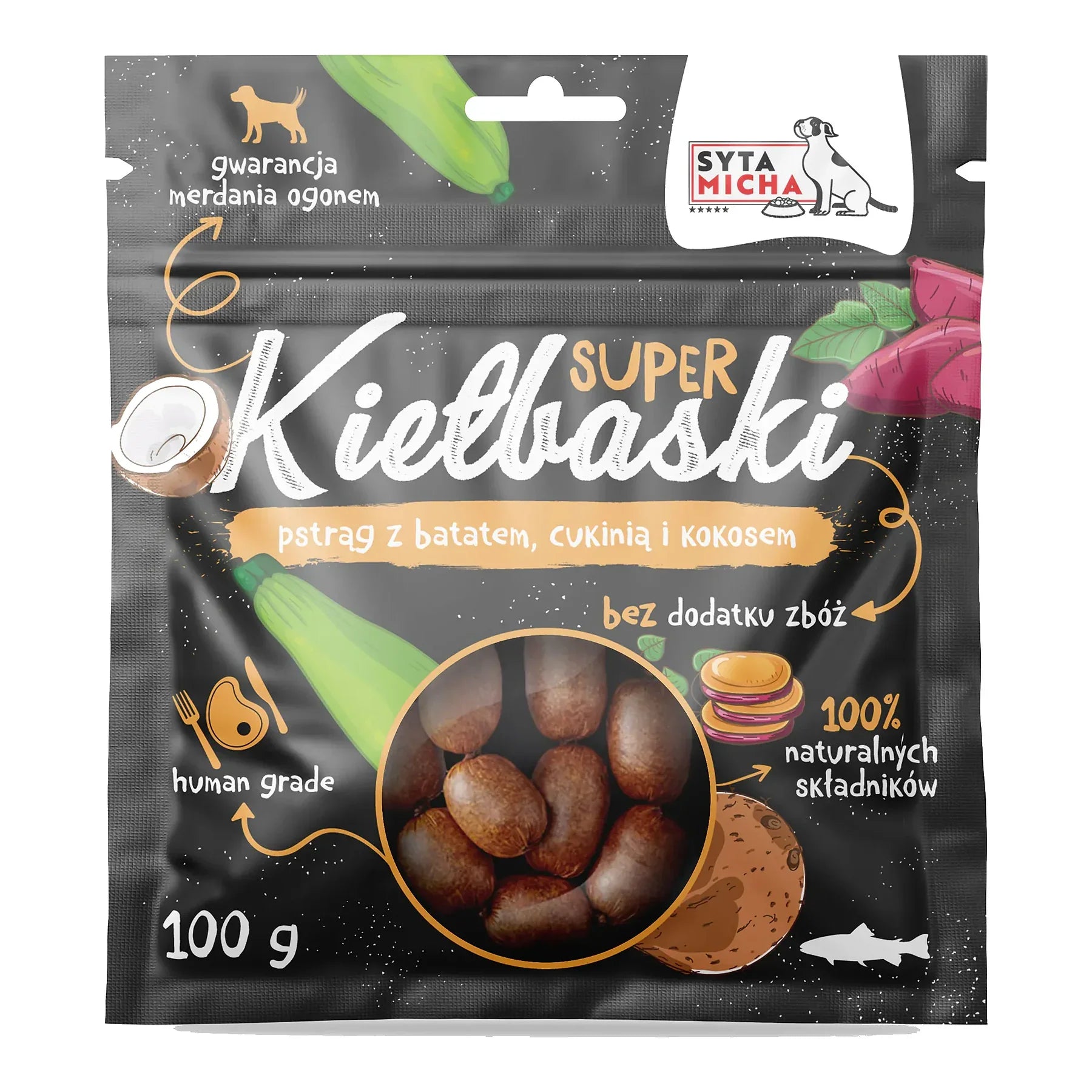 Super kiełbaski dla psa z pstrągiem, batatem, cukinią i kokosem 100g – packshot produktu na białym tle