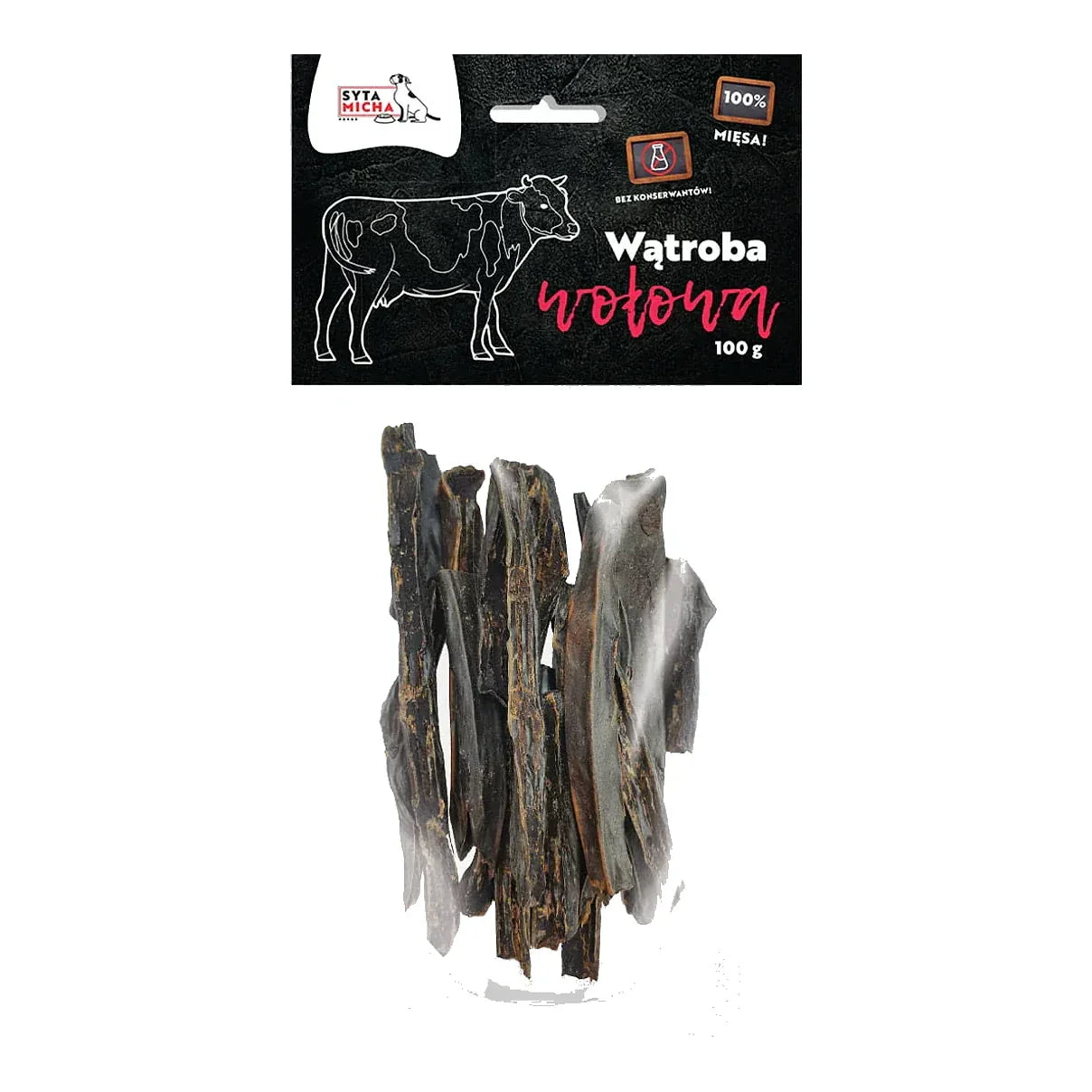 Suszona wątroba wołowa dla psa 100 g – packshot produktu na białym tle