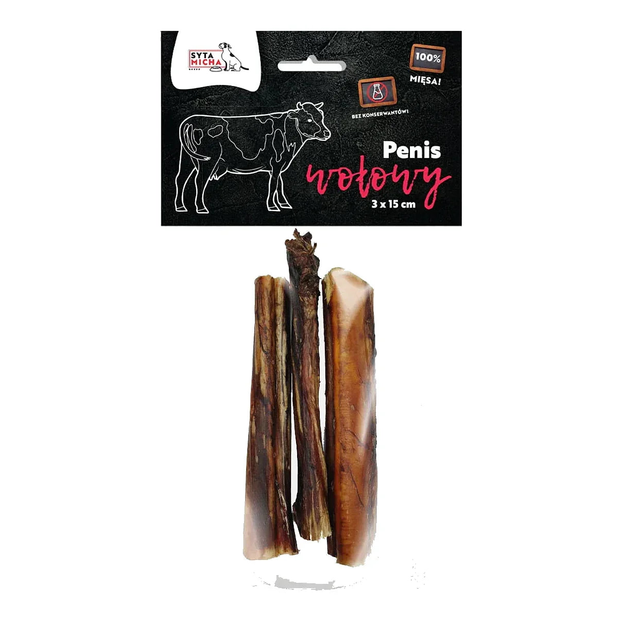 Suszone penisy wołowe dla psa 3x15cm – packshot produktu na białym tle