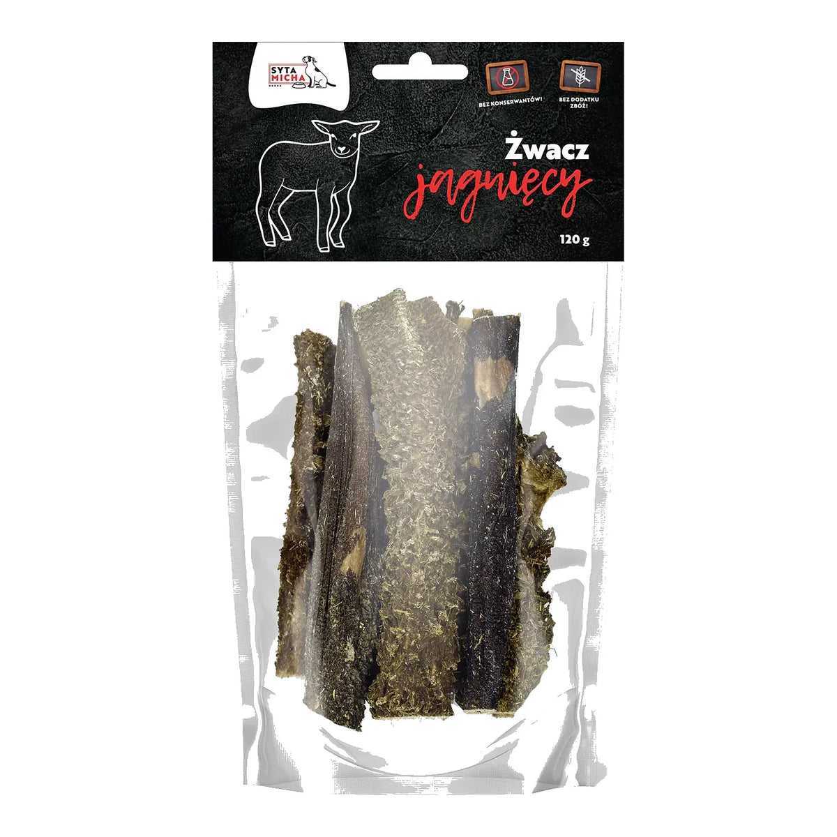 Suszone żwacze jagnięce dla psa 120g – packshot produktu na białym tle