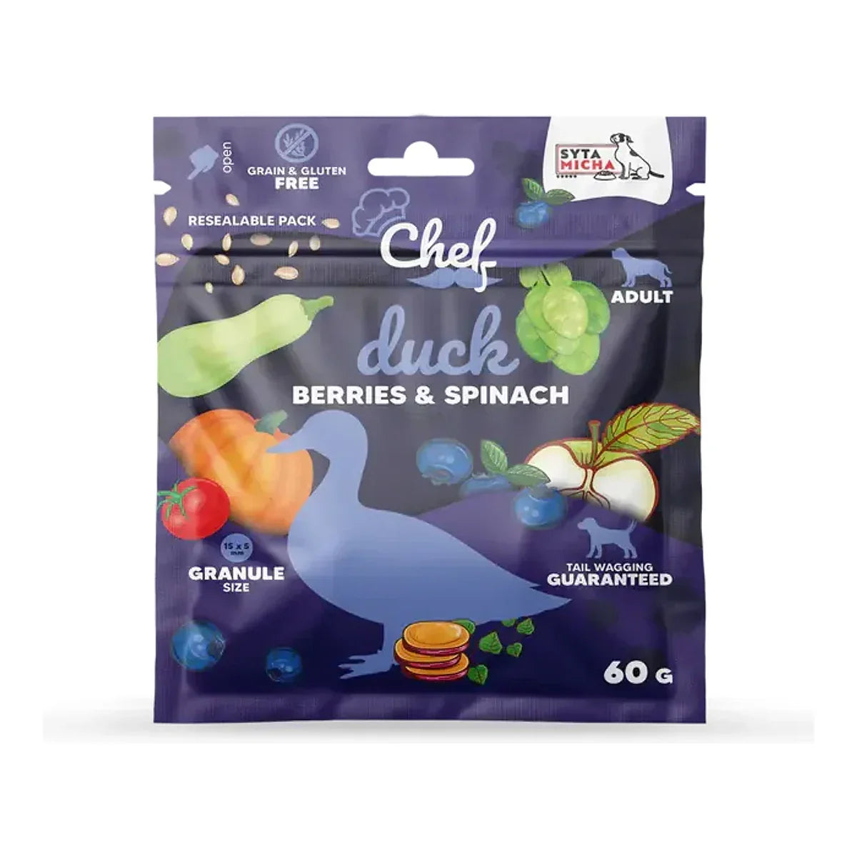 SYTA MICHA Chef Kaczka, jagody i szpinak - sucha karma dla psa - 60 g – packshot produktu na białym tle