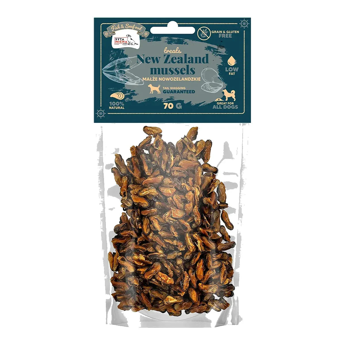 Syta Micha Fish & Seafood Przysmaki 100% małży nowozelandzkich dla psa 70g – packshot produktu na białym tle