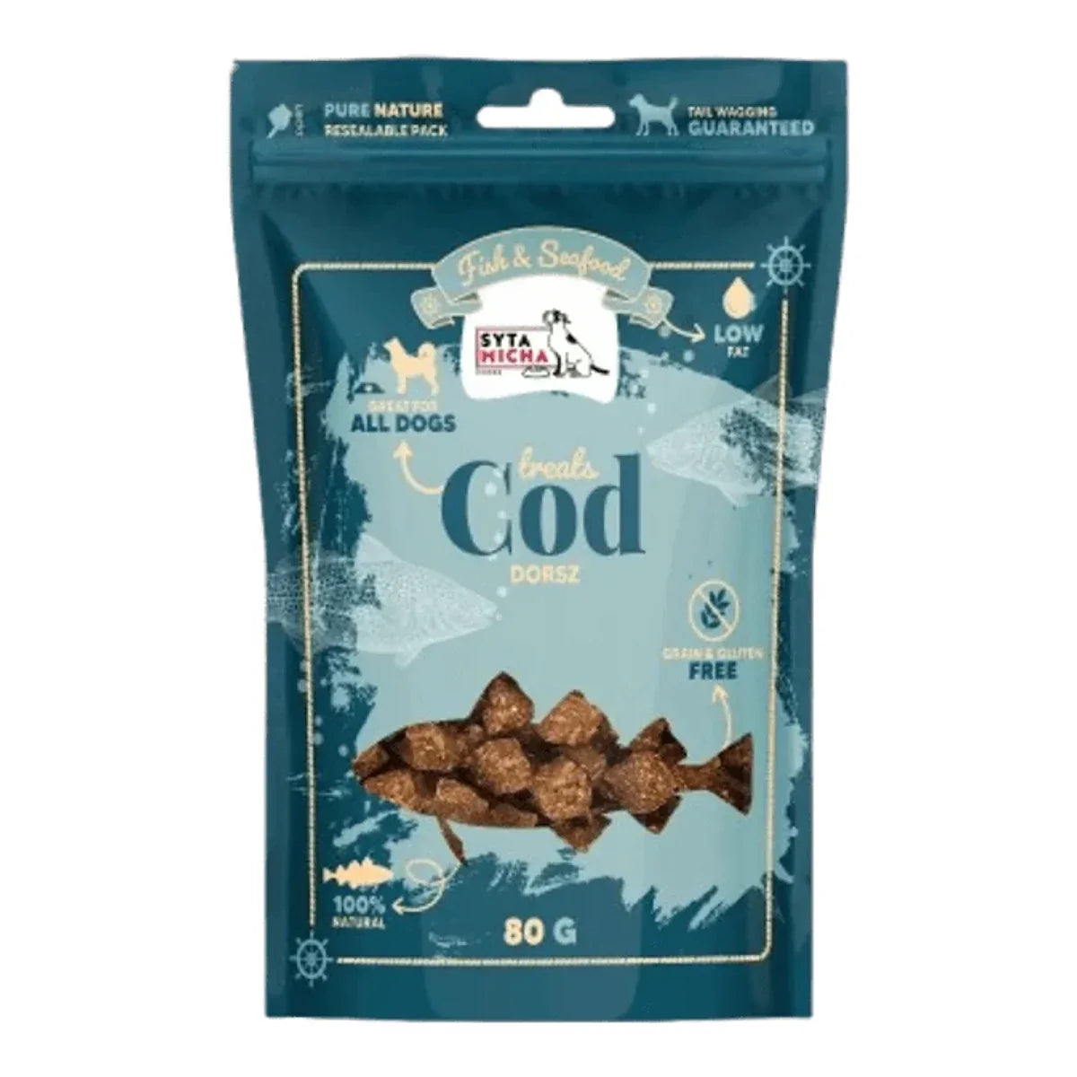 Syta Micha Fish & Seafood Przysmaki z dorszem dla psa 80g – packshot produktu na białym tle